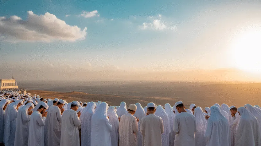 Image of a peaceful landscape on Arafah day, with people performing prayers and supplications