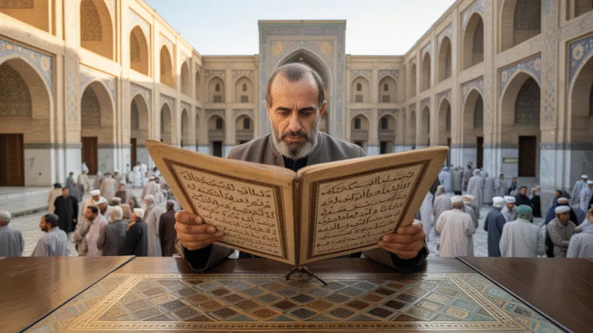 Ilustrasi tentang dinasti Abbasiyah dengan latar belakang kota Baghdad