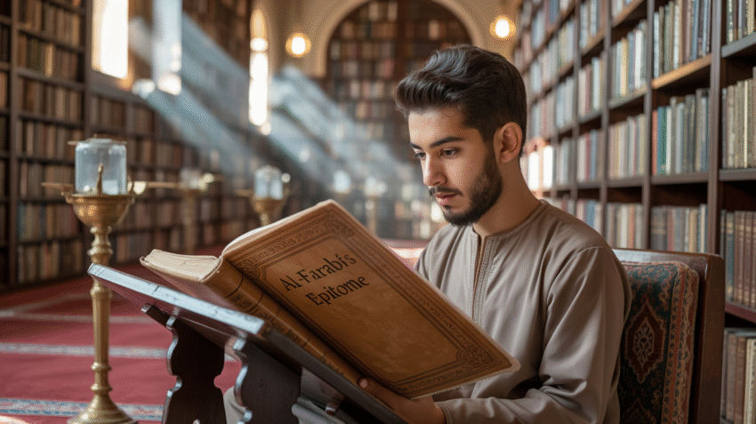 Seorang Muslim membaca kitab di perpustakaan dengan cahaya lembut
