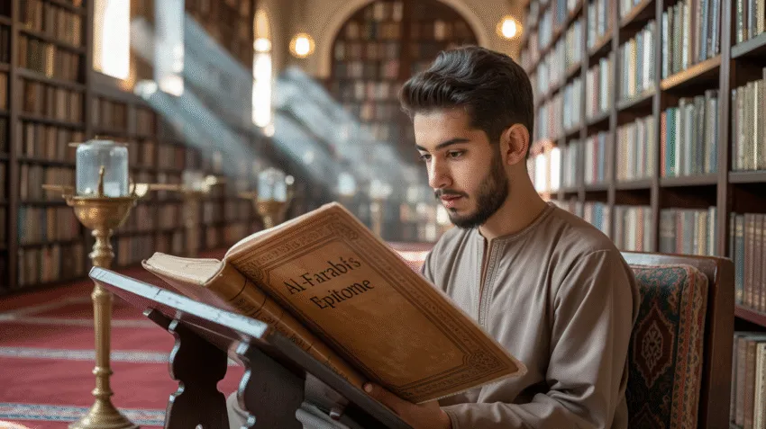 Seorang Muslim membaca kitab di perpustakaan dengan cahaya lembut