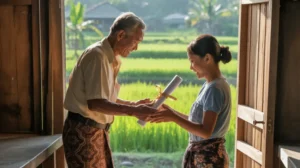 Ilustrasi proses hibah di Indonesia, dengan gambar simbol pemberian dan penerimaan hadiah.