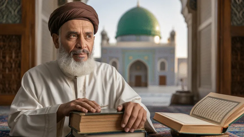 Ilustrasi Imam Syafi'i dengan latar belakang masjid dan buku