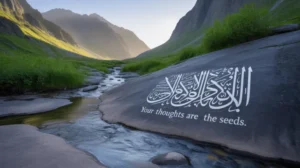 Gambar inspiratif dengan kaligrafi Islami dan pemandangan alam yang menenangkan