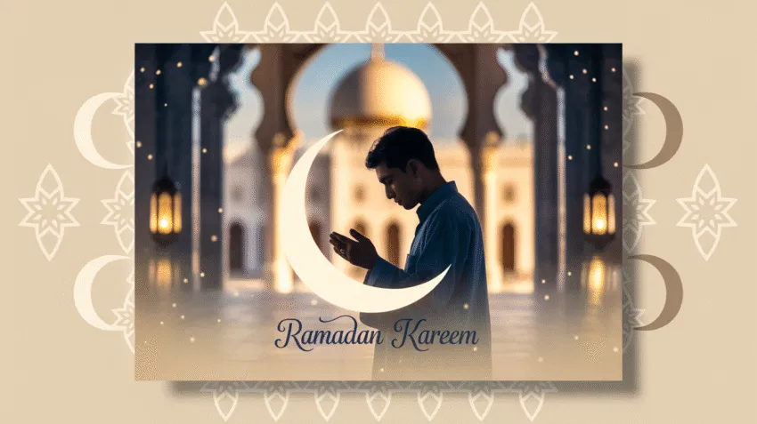 Ilustrasi niat berpuasa dengan bulan Ramadhan di latar belakang