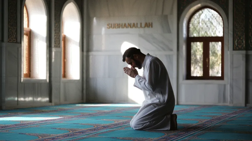 Ilustrasi tentang riya dalam Islam dengan latar belakang masjid