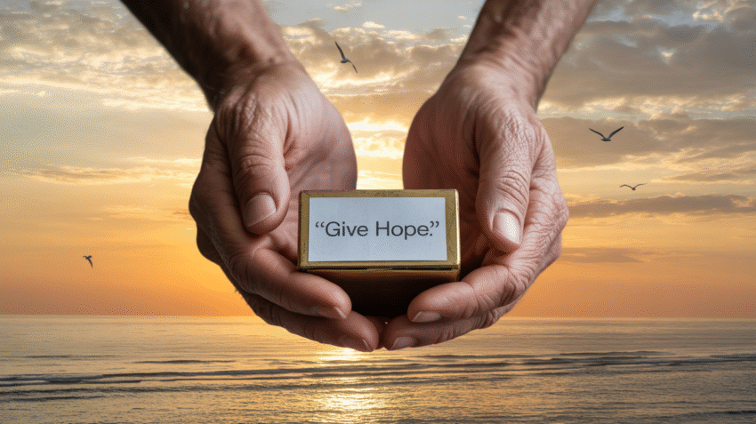 Image of hands giving charity at dawn with a peaceful sunrise