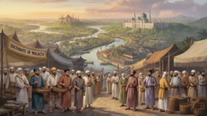 Gambaran tentang penyebaran Islam di Indonesia dengan pedagang, kerajaan, dan budaya