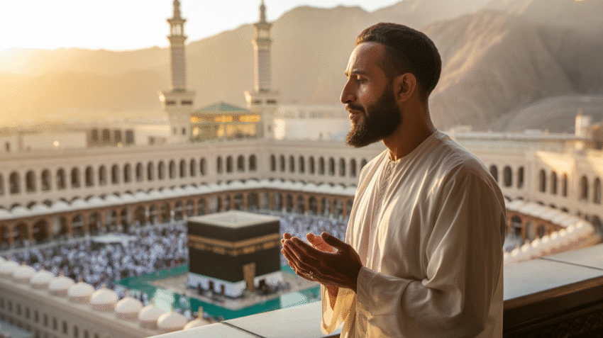 Ilustrasi Nabi Muhammad dengan latar belakang kota Makkah