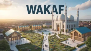 Ilustrasi wakaf dengan masjid, sekolah, dan fasilitas umum