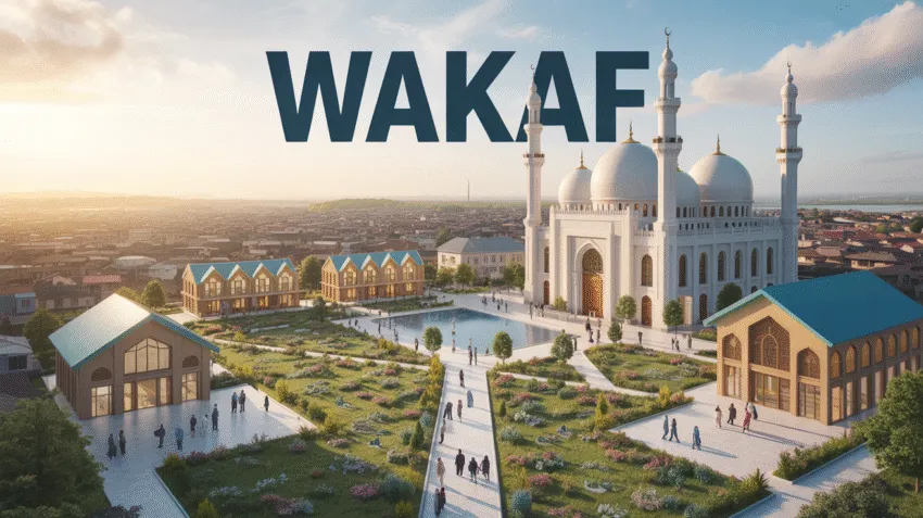 Ilustrasi wakaf dengan masjid, sekolah, dan fasilitas umum