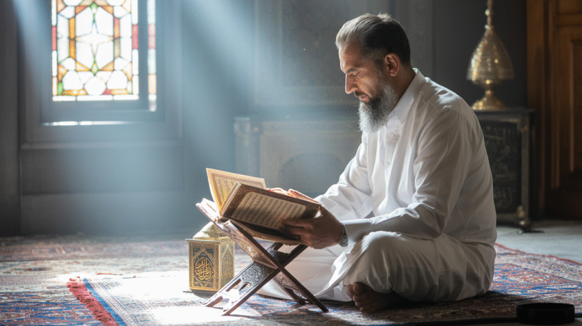 Ilustrasi seseorang membaca Al-Qur'an dengan ketenangan dan cahaya ilahi