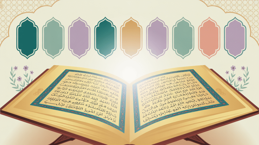 Ilustrasi 15 hukum tajwid dengan mushaf Al-Qur'an dan diagram kaidah tajwid