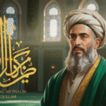 Ilustrasi Ali bin Abi Thalib dengan kaligrafi nama dan gelar-gelarnya