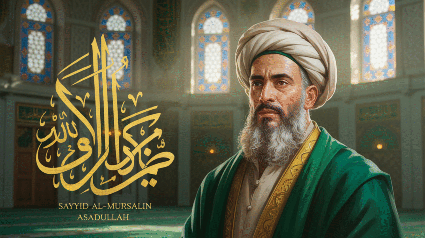 Ilustrasi Ali bin Abi Thalib dengan kaligrafi nama dan gelar-gelarnya