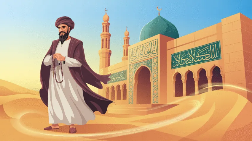 Ilustrasi Umar bin Khattab dengan latar masjid kuno
