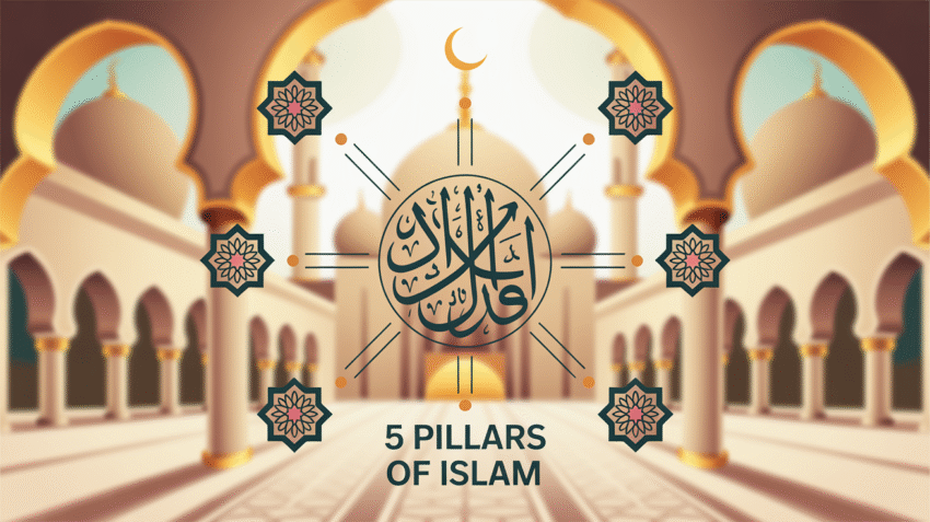 Ilustrasi 5 rukun Islam dengan simbol masing-masing rukun