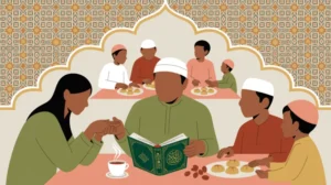 Ilustrasi akhlak mulia dalam kehidupan sehari-hari dengan simbol-simbol kebaikan