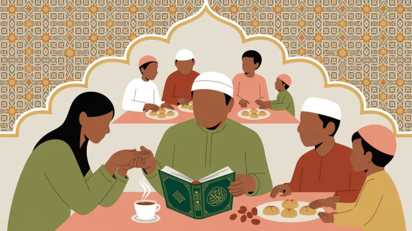 Ilustrasi akhlak mulia dalam kehidupan sehari-hari dengan simbol-simbol kebaikan