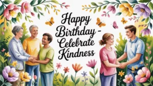 Ilustrasi akhlak mulia dengan gambar orang saling membantu dan tersenyum