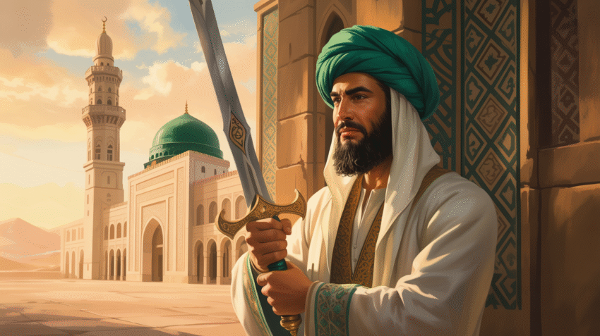 Potret ilustrasi Ali bin Abi Thalib dengan latar masjid kuno