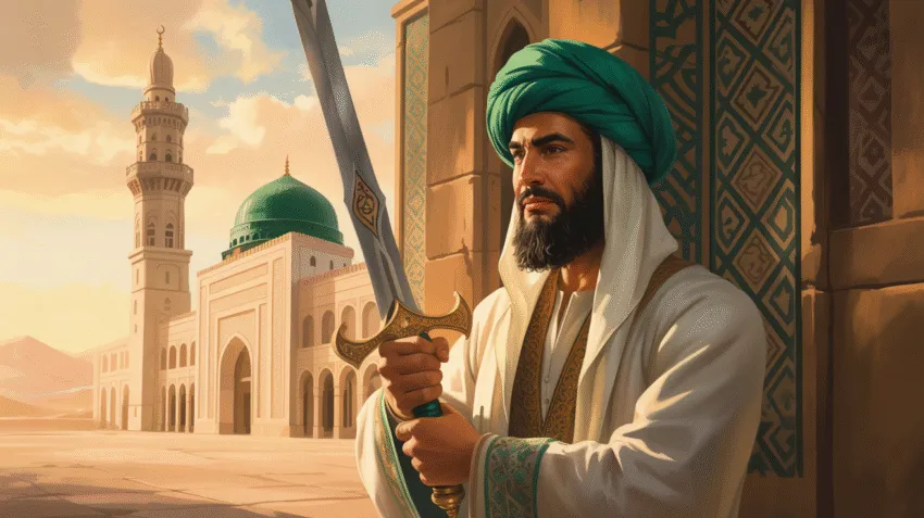 Potret ilustrasi Ali bin Abi Thalib dengan latar masjid kuno