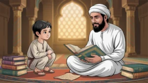 Ilustrasi Ali bin Abi Thalib kecil bersama Nabi Muhammad dalam proses pendidikan Islam