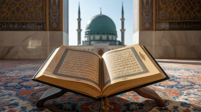 Gambar Al-Qur'an dengan latar belakang masjid