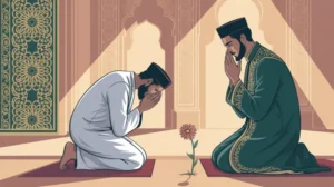 Ilustrasi konsep riya dalam Islam dengan gambar orang beribadah dengan niat tidak tulus