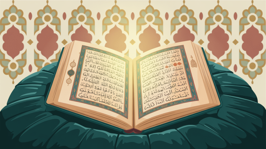 Ilustrasi pembelajaran ilmu tajwid dengan Al-Qur'an terbuka dan hiasan kaligrafi islami