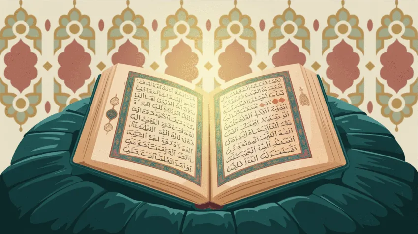 Ilustrasi pembelajaran ilmu tajwid dengan Al-Qur'an terbuka dan hiasan kaligrafi islami