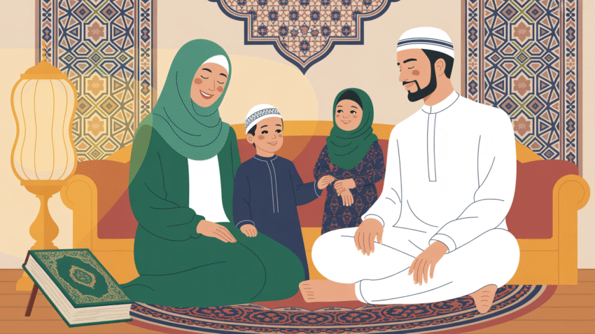 Ilustrasi keluarga muslim harmonis dalam rumah tangga islam