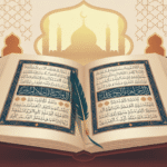 Ilustrasi kitab hadis dengan kaligrafi Arab di latar belakang masjid