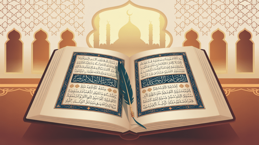 Ilustrasi kitab hadis dengan kaligrafi Arab di latar belakang masjid
