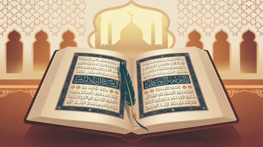 Ilustrasi kitab hadis dengan kaligrafi Arab di latar belakang masjid