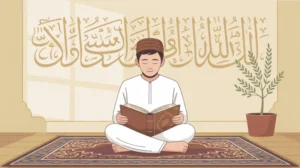 Ilustrasi seseorang sedang membaca Al-Qur'an dengan tajwid yang benar