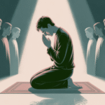 Ilustrasi konsep riya dalam Islam dengan gambar orang beribadah dengan niat tidak tulus