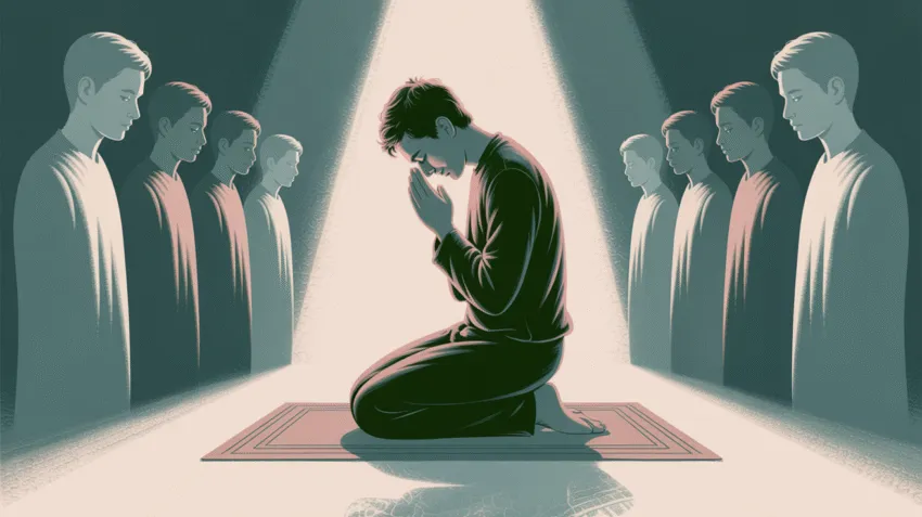 Ilustrasi konsep riya dalam Islam dengan gambar orang beribadah dengan niat tidak tulus