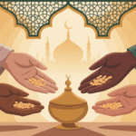 Ilustrasi sedekah subuh dengan tangan memberikan sedekah di waktu fajar