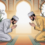 Ilustrasi konsep riya dalam Islam dengan gambar orang beribadah dengan niat tidak ikhlas