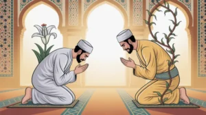 Ilustrasi konsep riya dalam Islam dengan gambar orang beribadah dengan niat tidak ikhlas