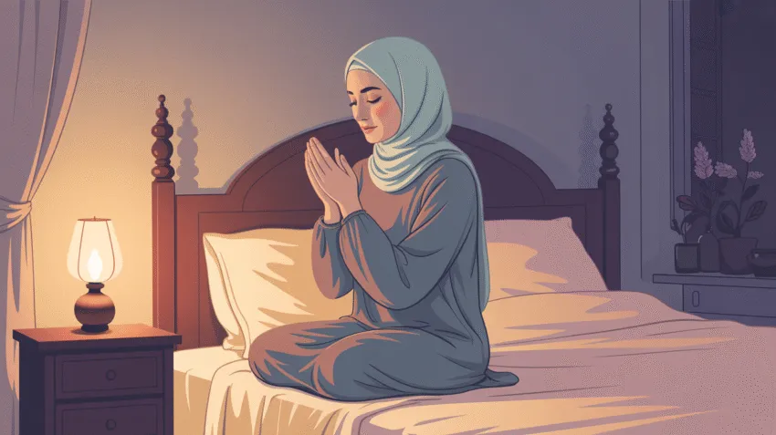 Ilustrasi muslimah berdoa sebelum tidur dengan cahaya lembut di kamar