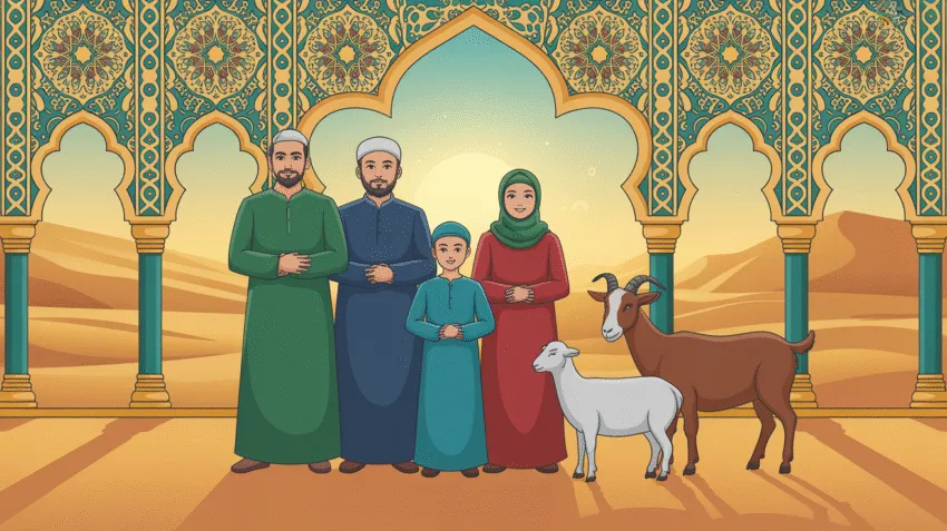 Ilustrasi keluarga Muslim sedang merayakan Idul Adha dengan latar masjid dan hewan kurban