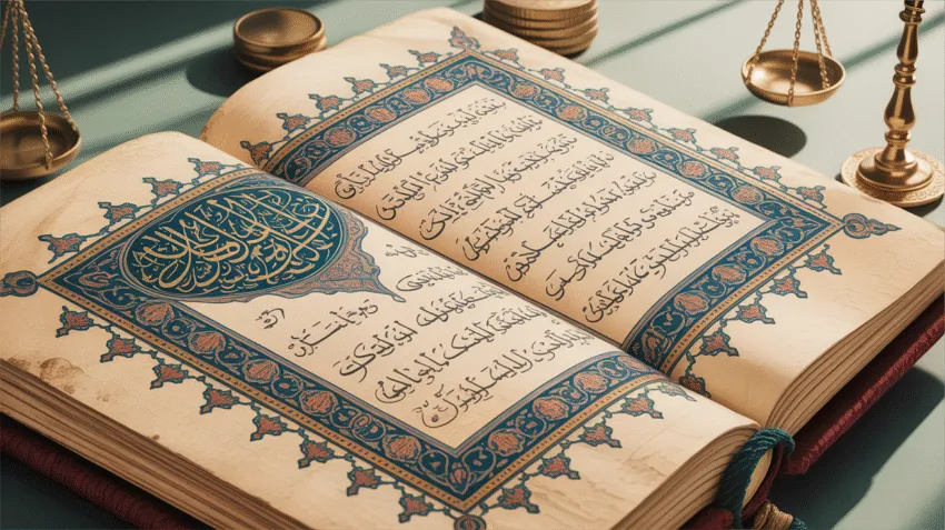 Ilustrasi asbabun nuzul Surat At Takatsur dengan latar mushaf Al-Quran