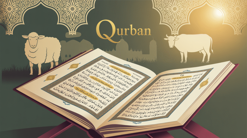 Ilustrasi Al-Qur'an terbuka dengan latar belakang hewan kurban dan masjid