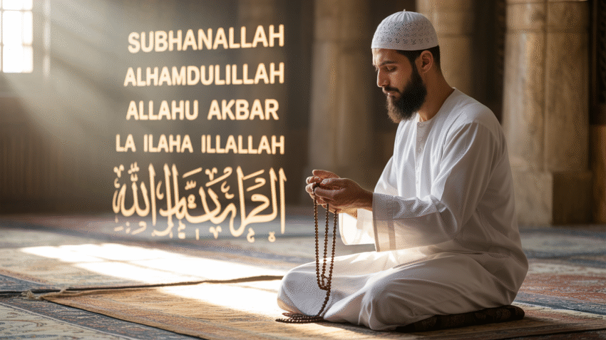 Ilustrasi bacaan dzikir pagi sesuai sunnah dengan suasana tenang dan cahaya pagi
