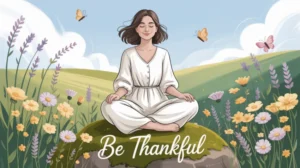 Ilustrasi orang sedang bersyukur dengan latar alam yang indah