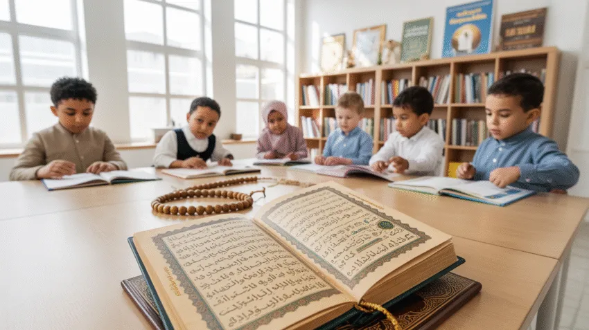 Ilustrasi pembelajaran Pendidikan Agama Islam dalam bahasa Inggris dengan buku dan simbol islam