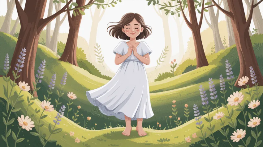 Ilustrasi orang bersyukur dengan latar alam yang indah dan cahaya matahari