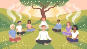 Ilustrasi orang bersyukur dengan senyuman dan cahaya positif