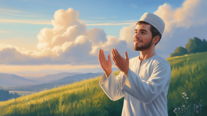 Ilustrasi seorang muslim bersyukur dengan tangan terangkat ke langit